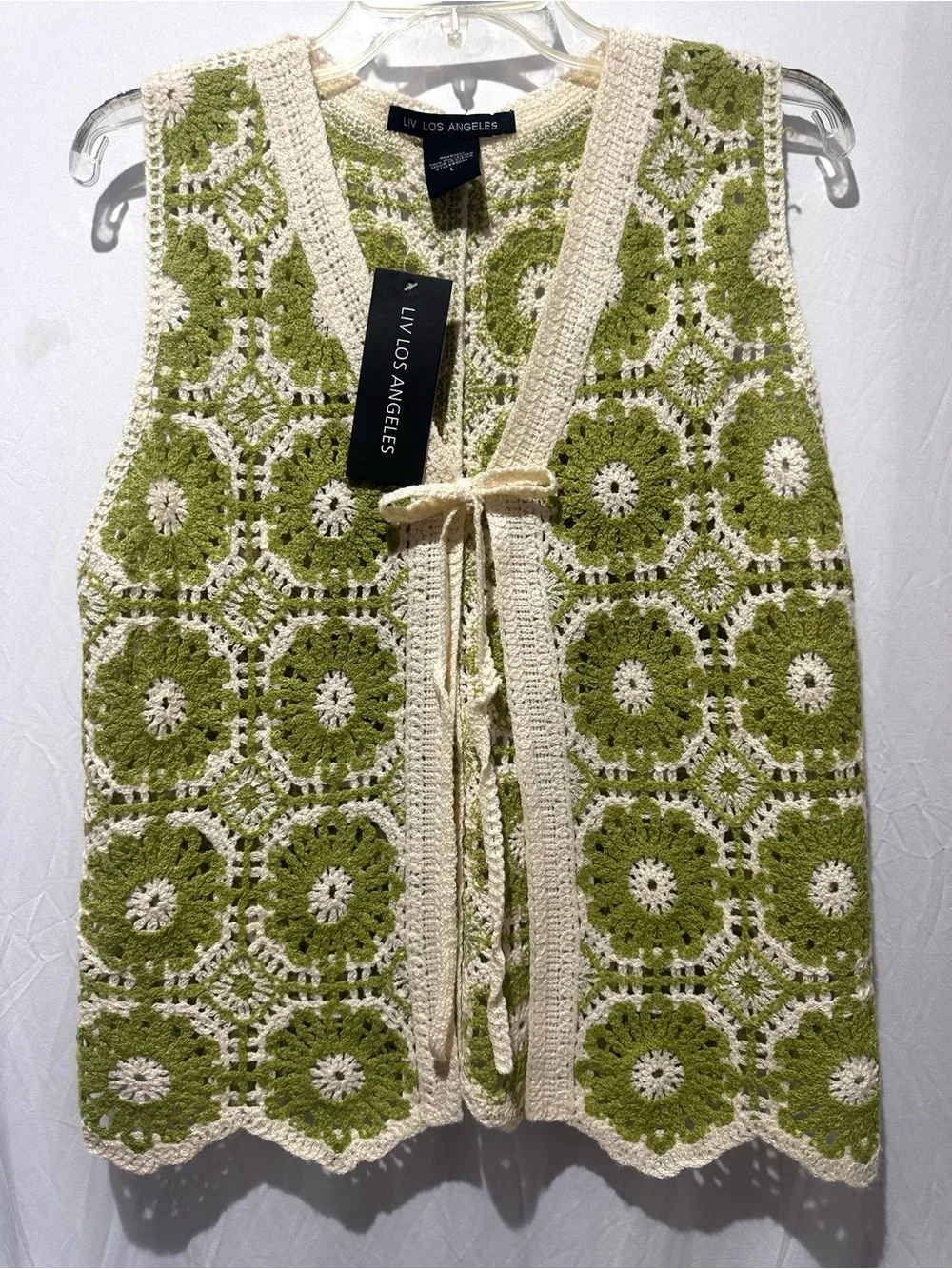 LIV LOS ANGELES Olive Green & Cream Crochet Vest - Size L
